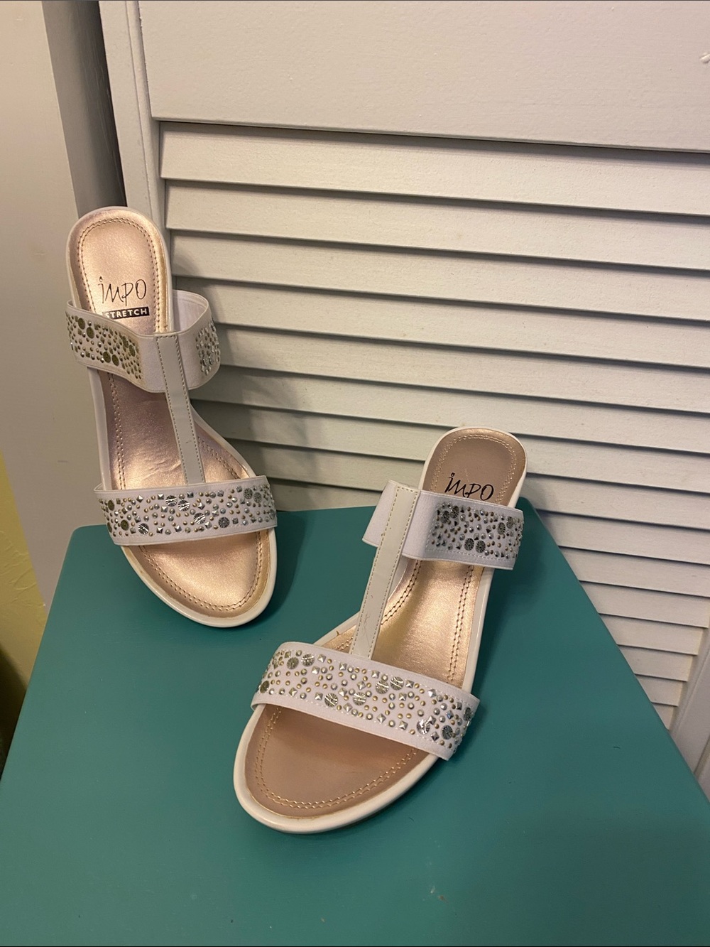Impo White T-Strap Sandals with Sparkling Rhinestones